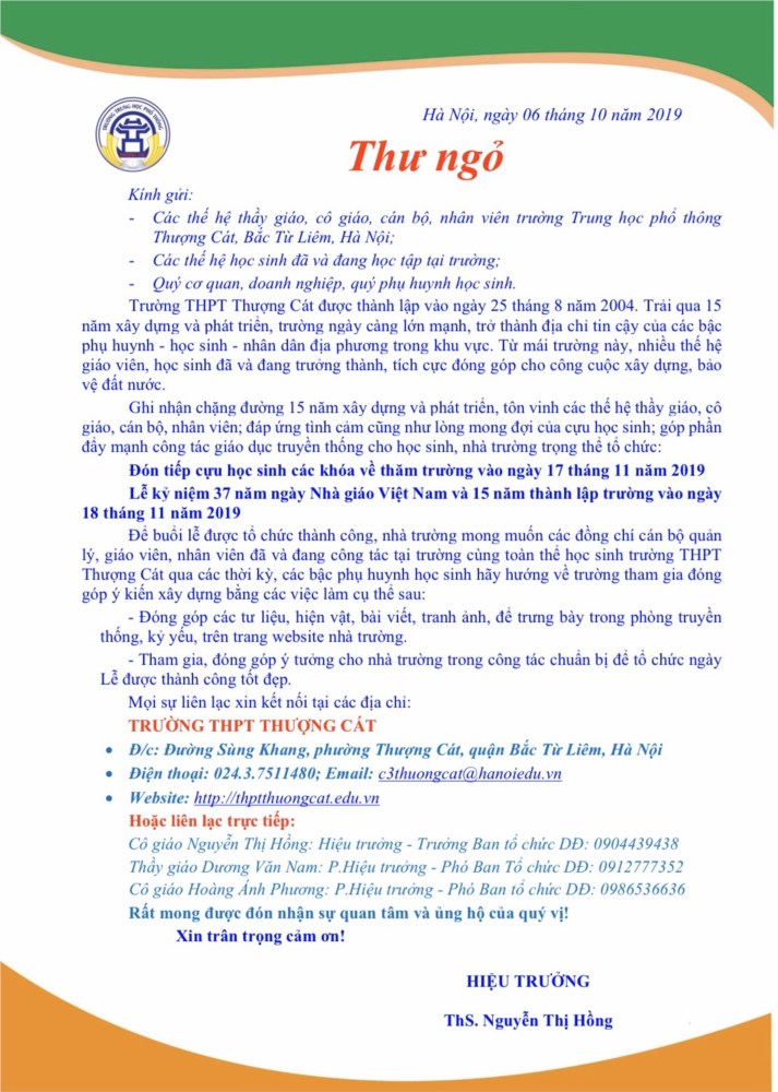 Thư ngỏ nhân dịp kỷ niệm 15 năm thành lập trường THPT Thượng Cát và 37 năm ngày nhà giáo Việt Nam 20-11